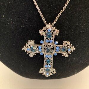 NWT blue crystal like cross pendant on adjustable 16in chain